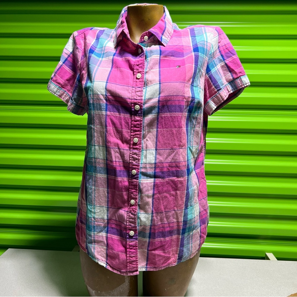Tommy Hilfiger Womens Pink Purple Plaid Short Sleeve Button Down Shirt Medium
